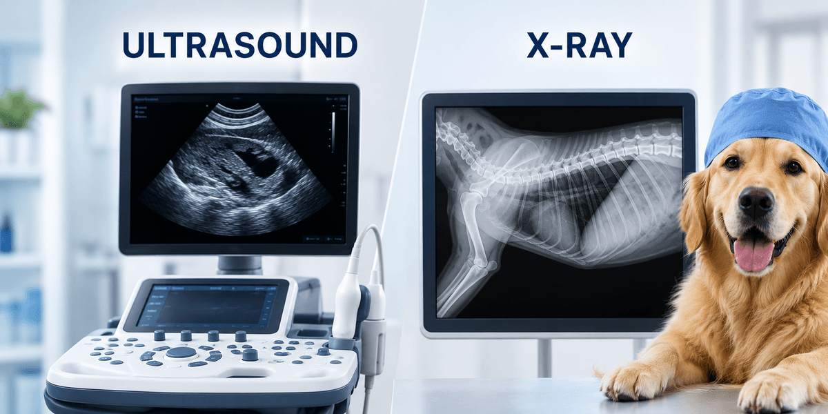 An image of an ultrasound compared to an image of an X-ray with a dog sitting beside them 