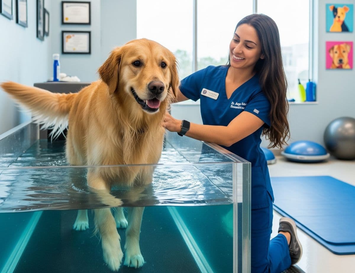 A golden retriever, appearing calm and focused, walks on an underwater treadmill for hydrotherapy, supervised by a certified veterinary rehabilitation practitioner in a friendly, well-lit, modern hospital setting.