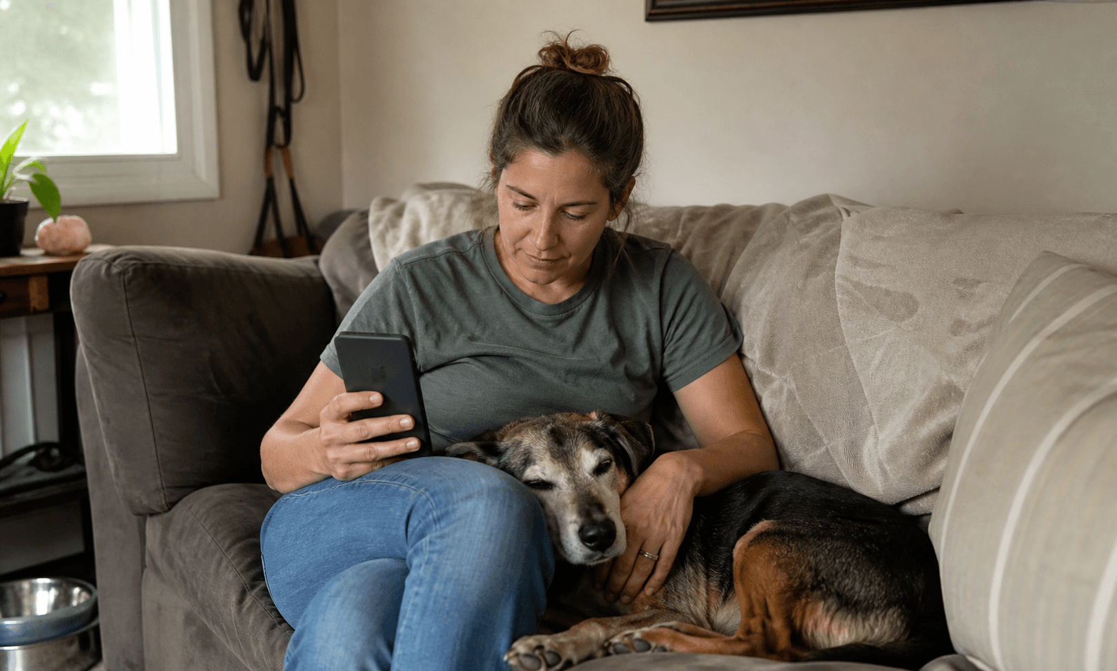 A pet parent using a veterinary directory beside her dog