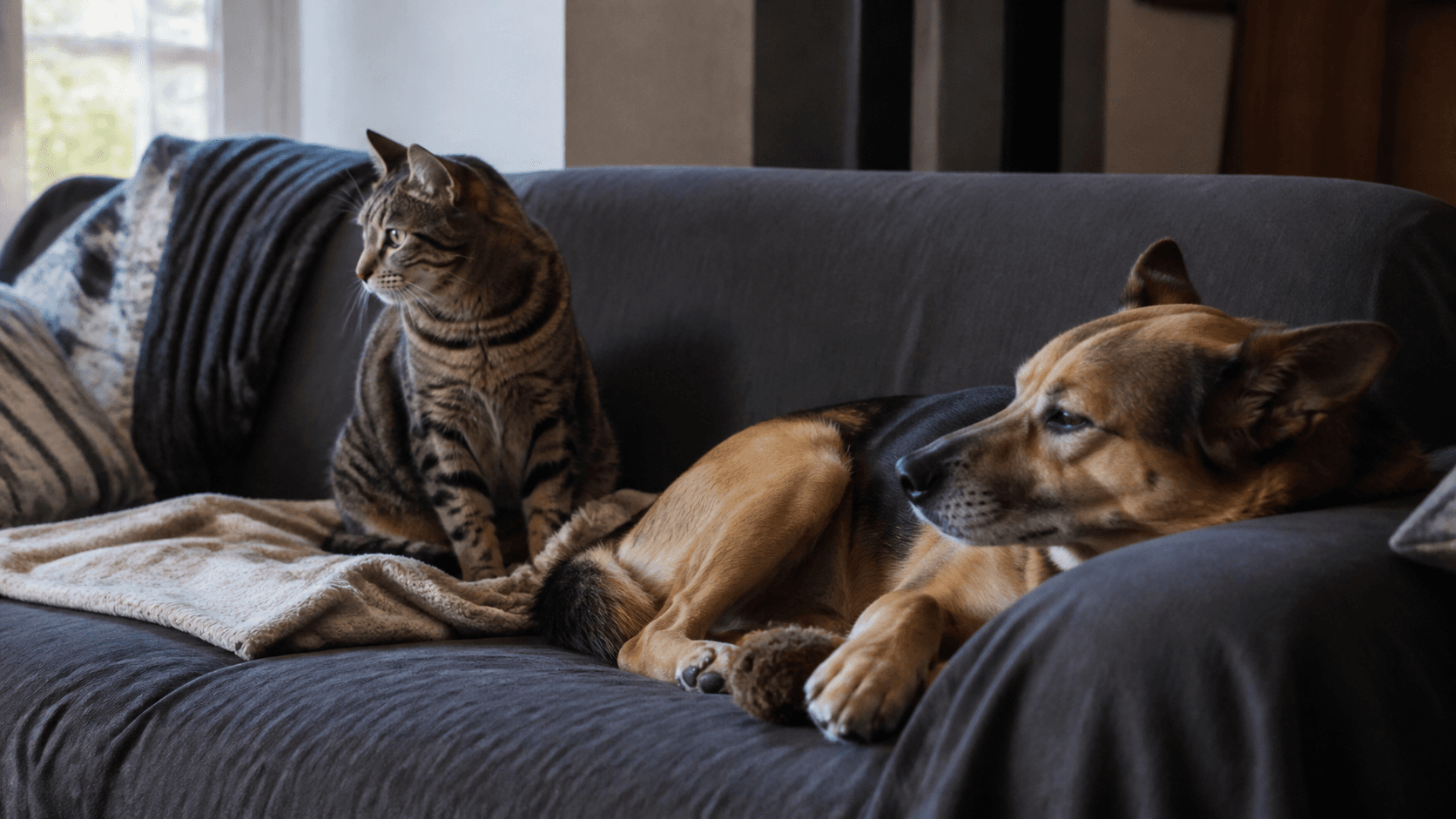 A mixed-breed dog and tabby cat relaxing on a lived-in sofa