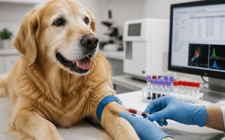 The golden retriever gets a blood draw to screen for cancer.