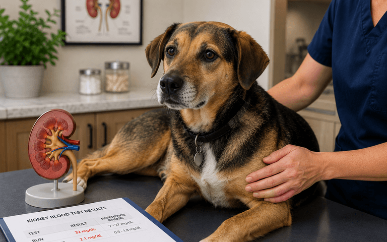 A veterinarian examines a dog on an exam table, going over kidney value lab results.