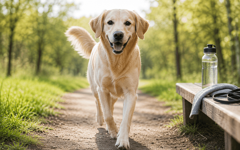 A happy older golden retriever going for a walk on a trail