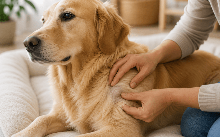 An owner examines a new lump on their dog's shoulder.