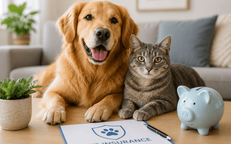 A dog and cat sitting on a couch next to a pet insurance pamphlet