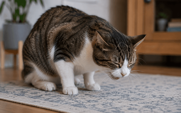 The cat is about to vomit on an indoor rug.