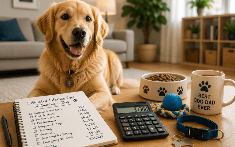 A happy golden retriever sits next to a calculator and a budget list.