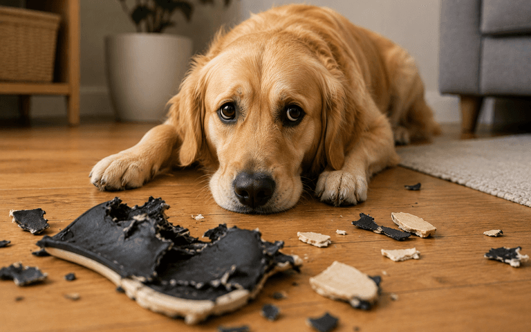 A guilty-looking golden retriever sits behind a shoe that it just ate.