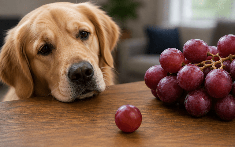 A golden retriever looks at a bunch of grapes on a table.